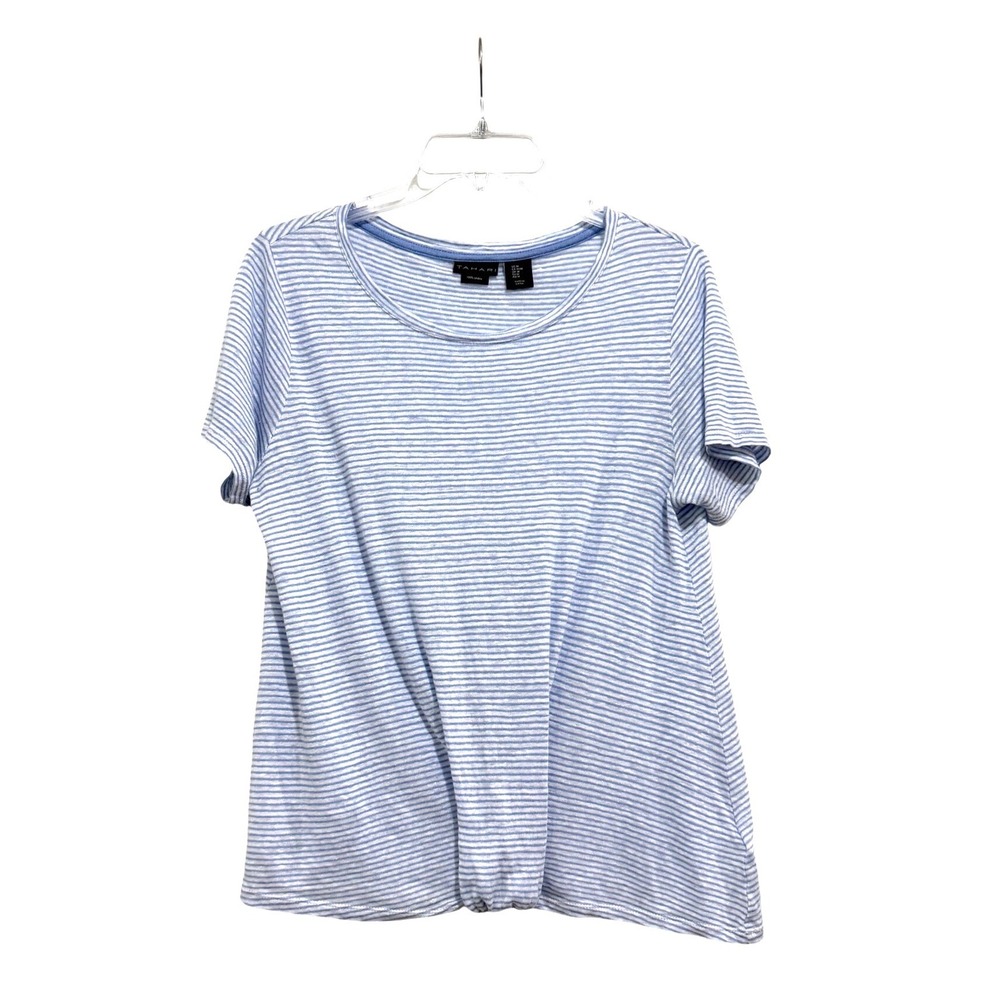 Tahari Womens Blue White Striped 100% Linen Twist Knot Front Tee Shirt Size M